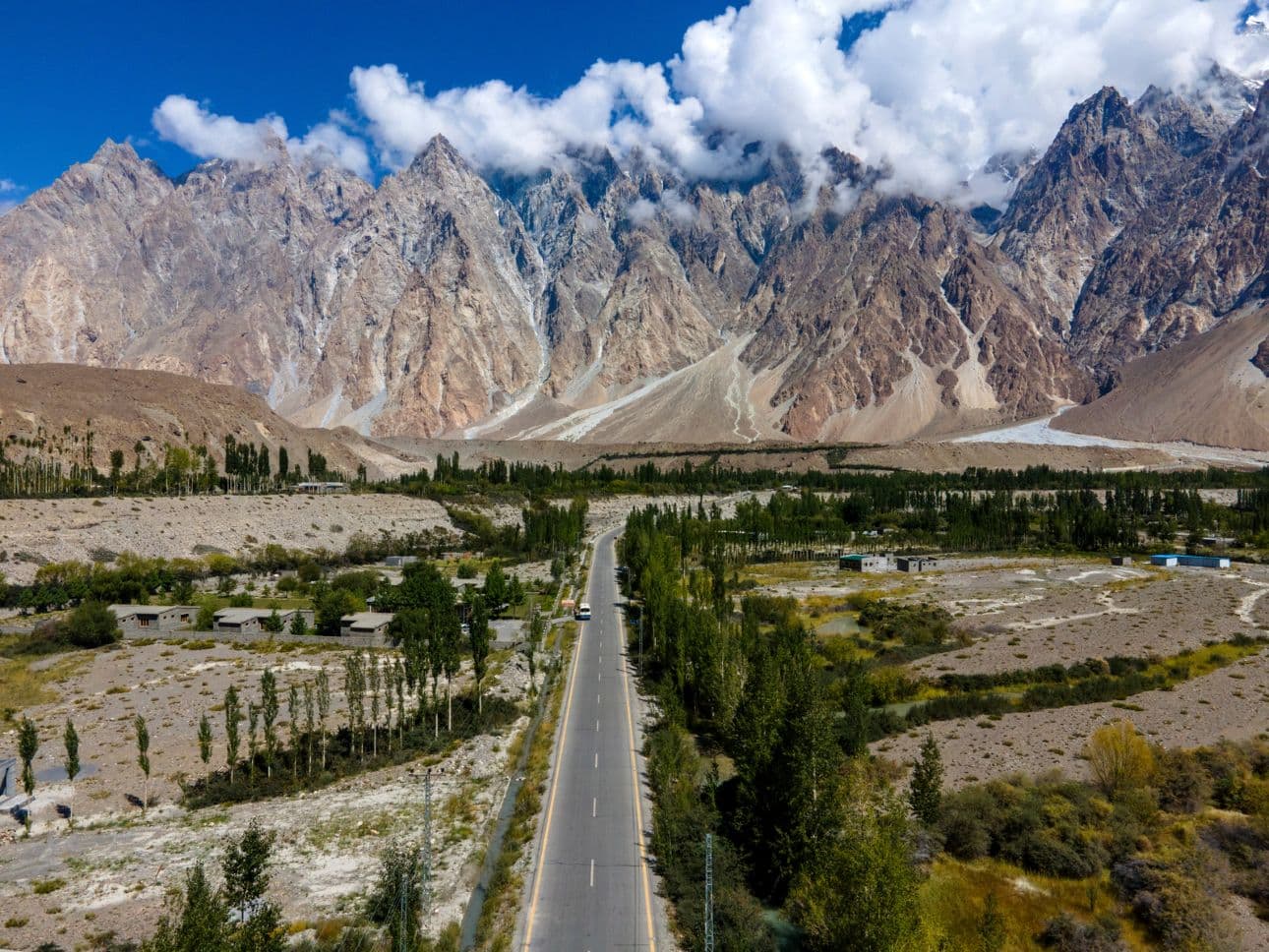 Karakoram Highway beneath Passu Cones in Hunza, Gilgit-Baltistan, Pakistan